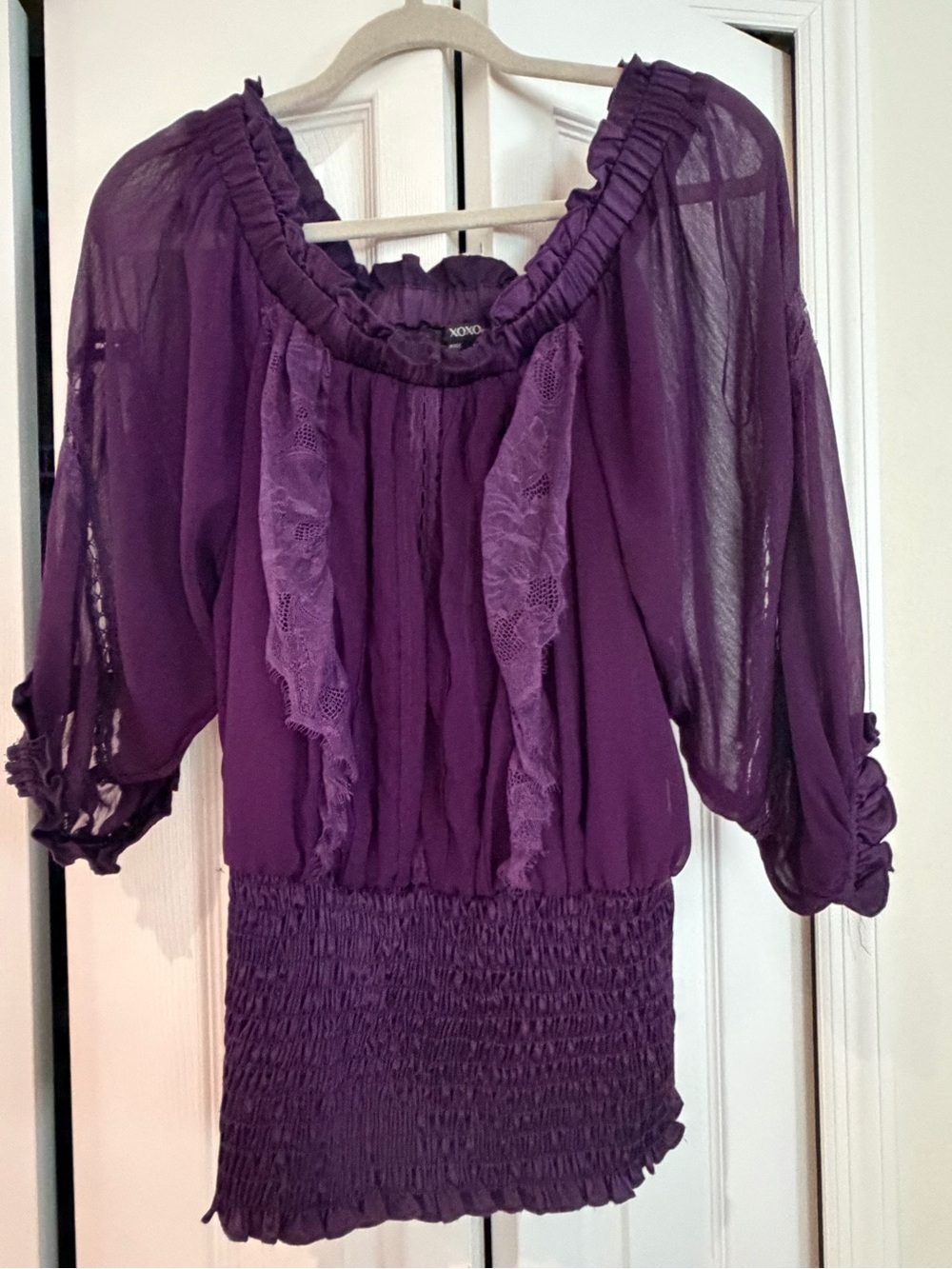 XOXO Purple Boho Peasant top with Lace Trim